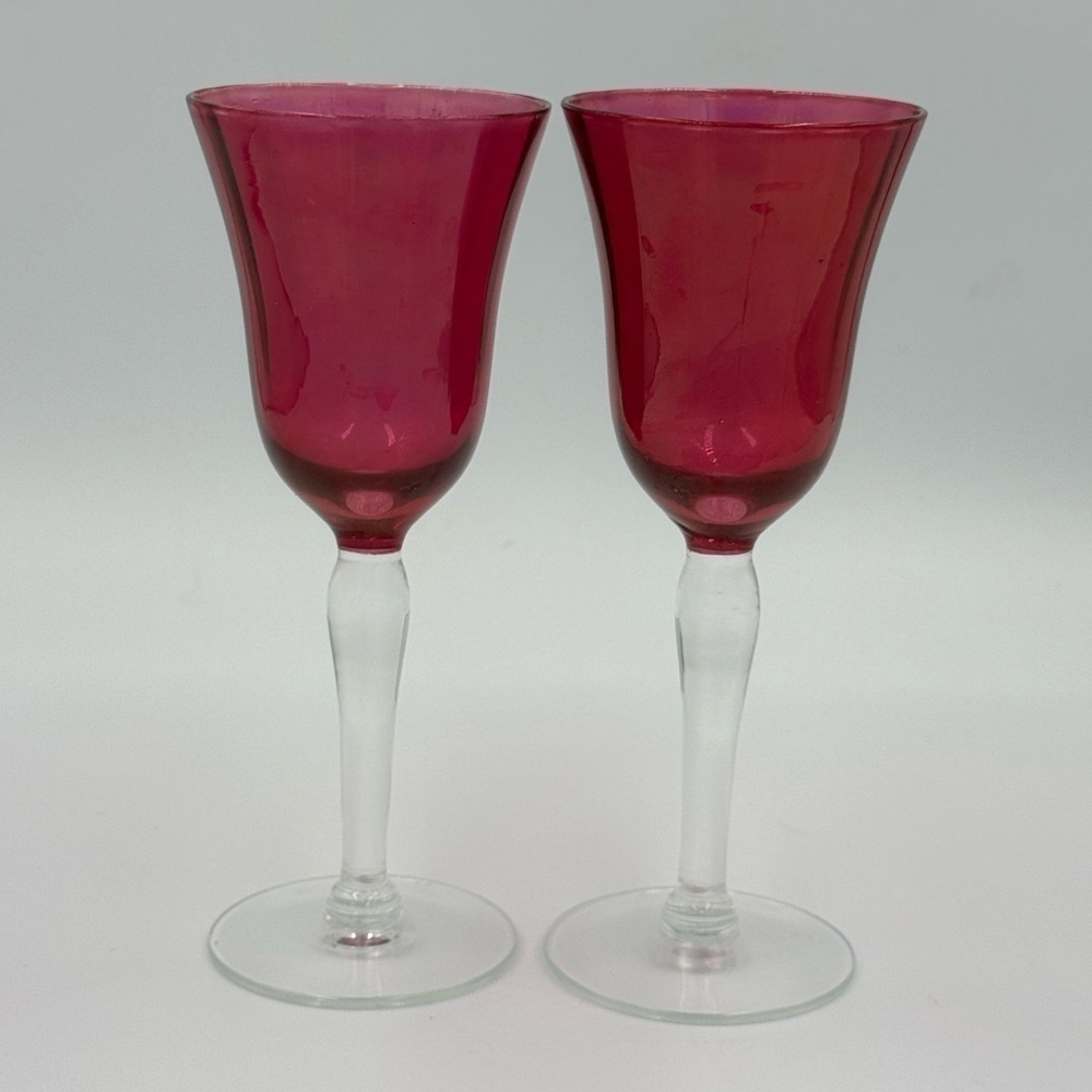 2 Vintage Cranberry Glass Iridescent Fluted Port, Sherry, Cordial Glasses